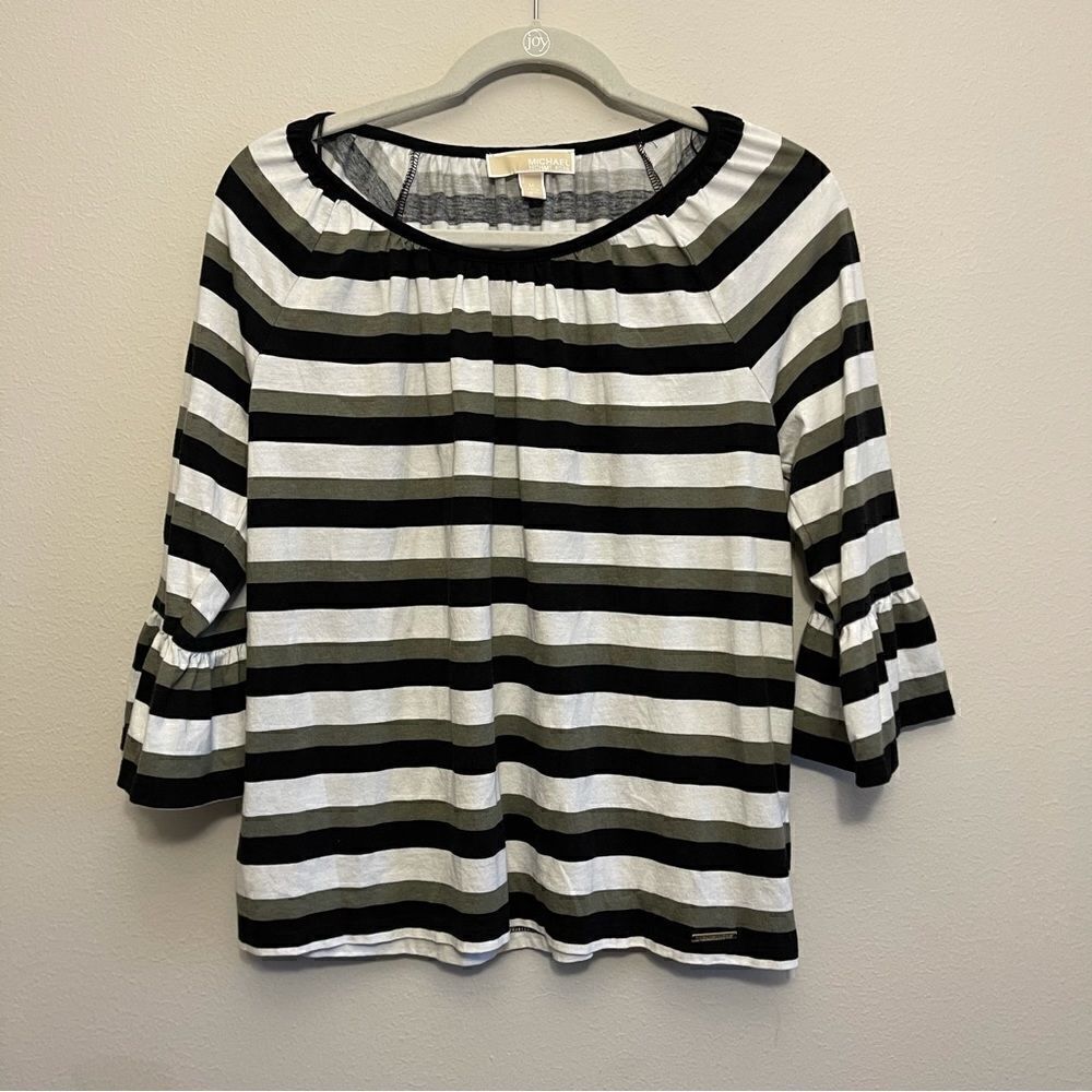 Michael Kors Women’s Blouse Bell Sleeve Olive/Black/Cream Striped size medium